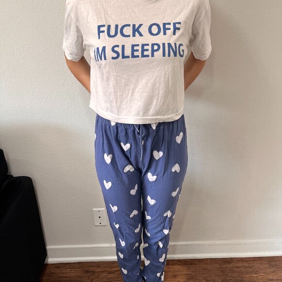 Nasty Gal "F*** Off I'm Sleeping" Heart Tee and Pants Pajama Set - Picture 1 of 5